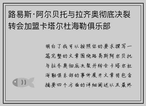 路易斯·阿尔贝托与拉齐奥彻底决裂 转会加盟卡塔尔杜海勒俱乐部