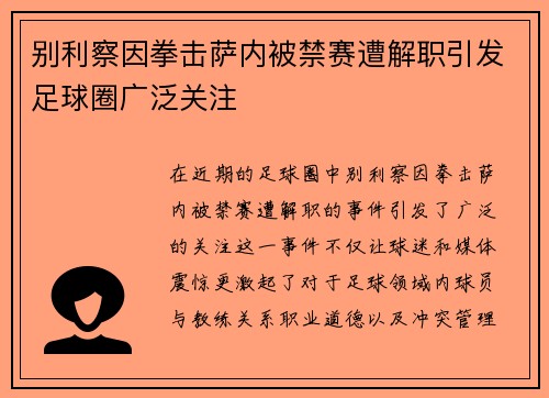 别利察因拳击萨内被禁赛遭解职引发足球圈广泛关注